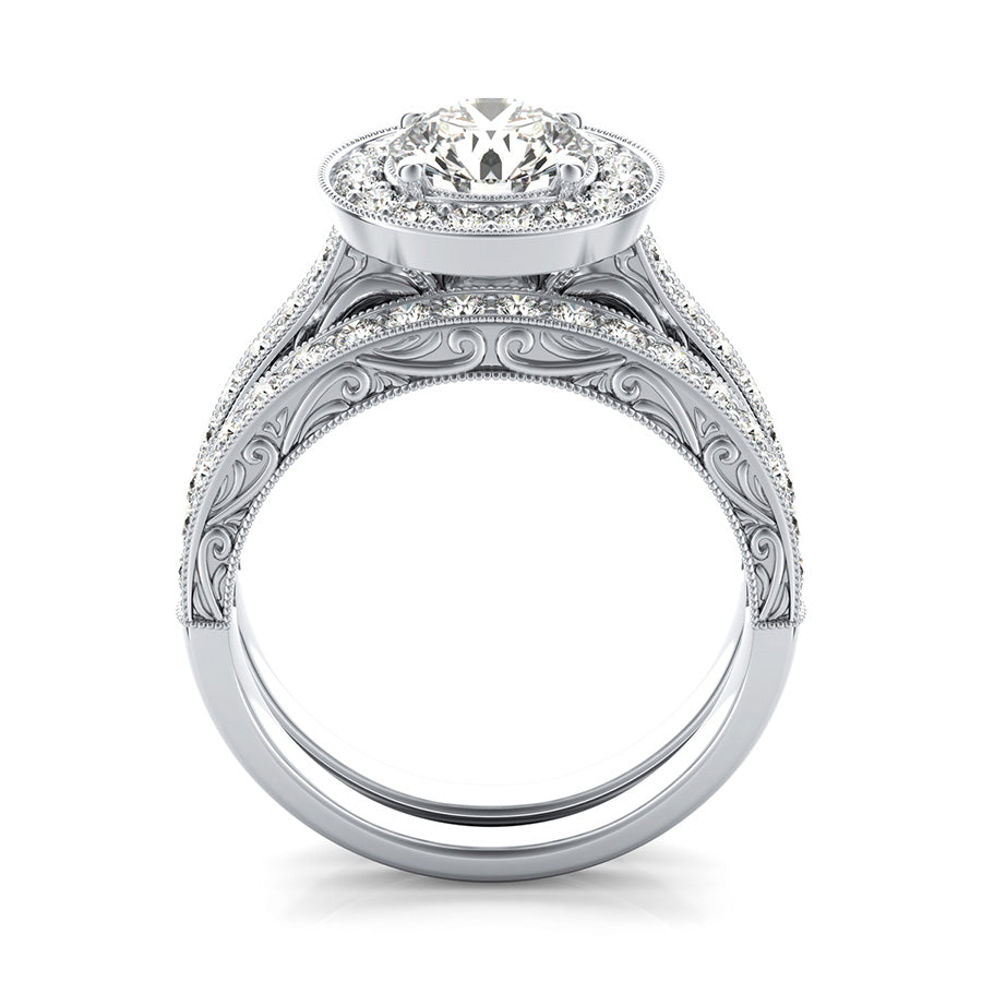 Scroll Engraving Halo Engagement Set With Milgrain Pave Side Stones