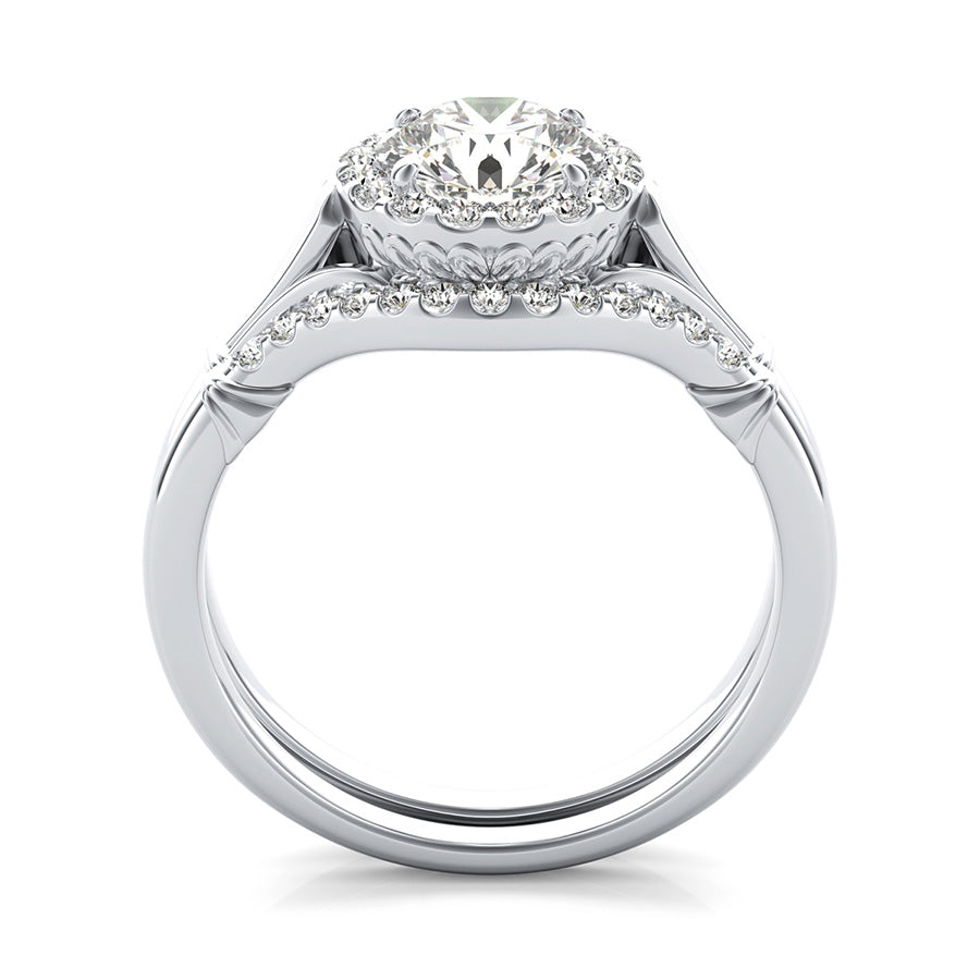 Flower Engraving Halo Engagement Ring With Matching Band