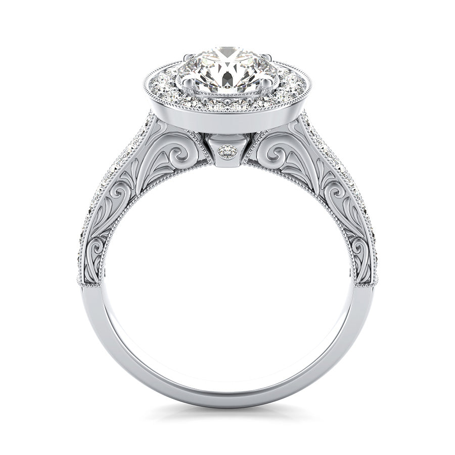 Scroll Engraving Halo Engagement Ring With Milgrain Pave Side Stones