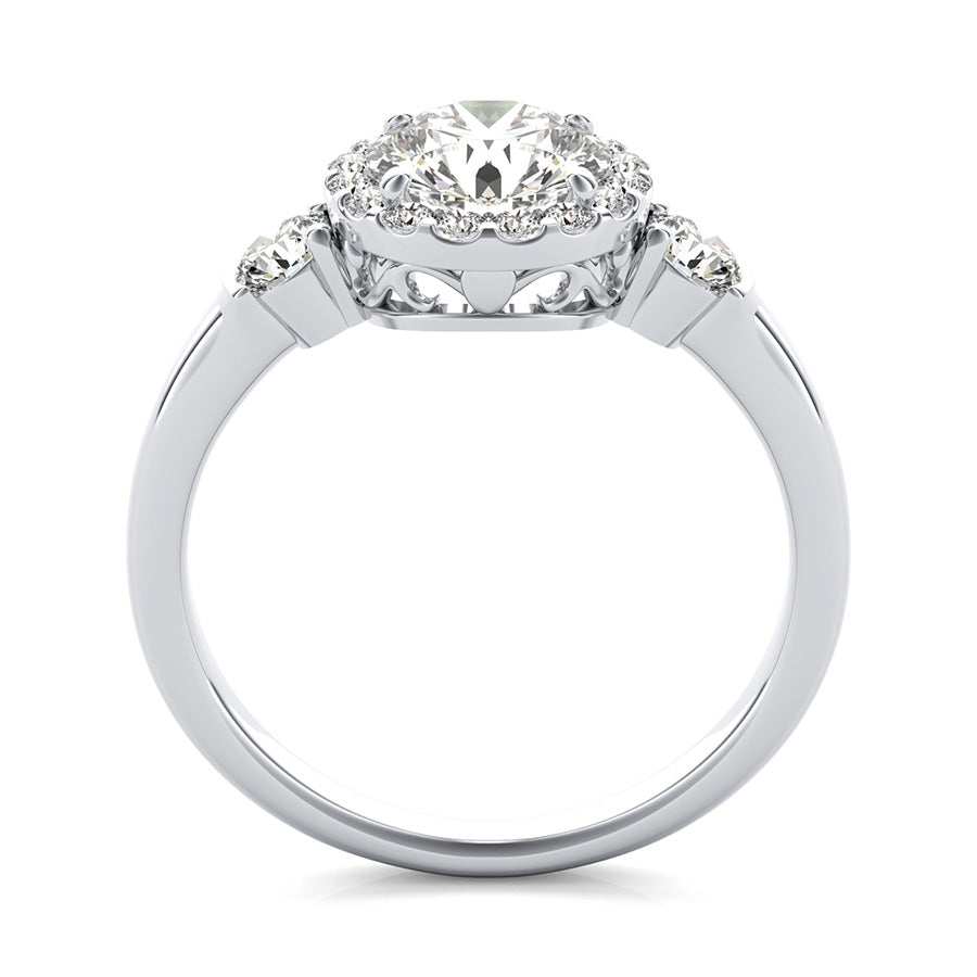 Three Stone Halo Engagement Ring With Scrolls On The Basket