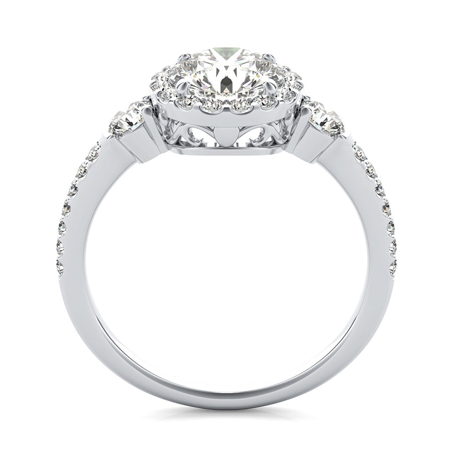 Three Stone Halo Engagement Ring With Scrolls On The Basket