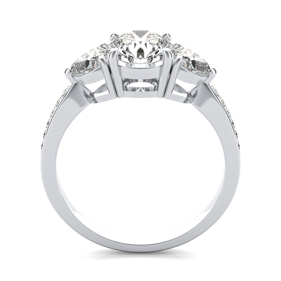 Classic Basket Three Stone Engagement Ring With Accented Side Stones