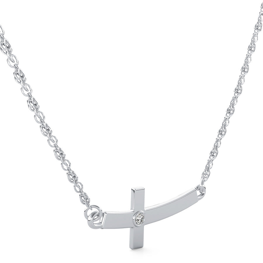 Sideways Curved Cross Pendant With Bezel Set Stone